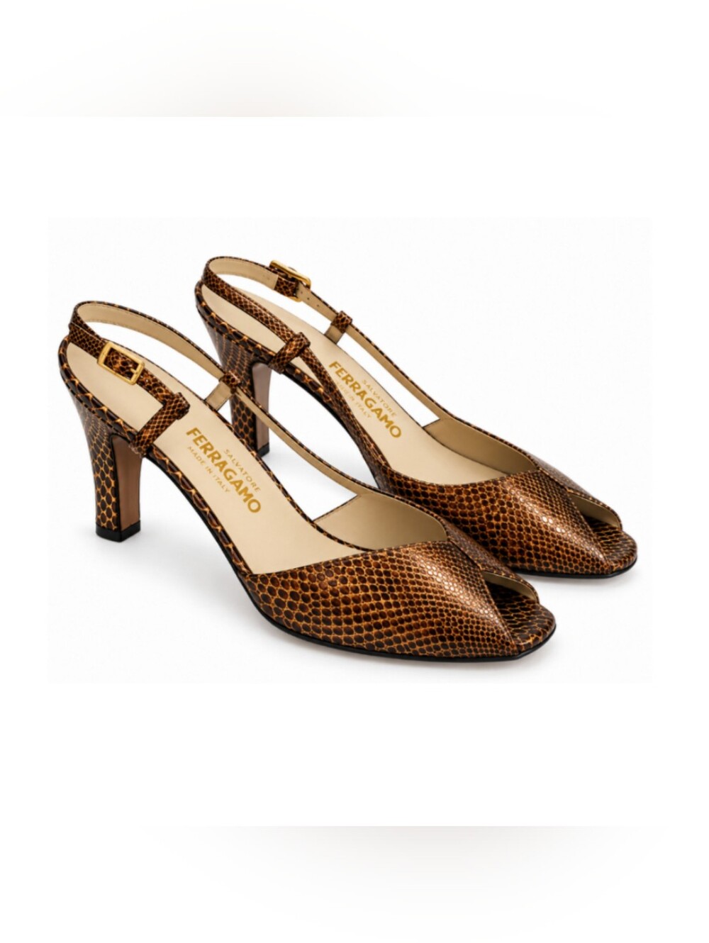Vintage Salvatore Ferragamo Brown Snakeskin Peep Toe Slingback Heels Size 6.5